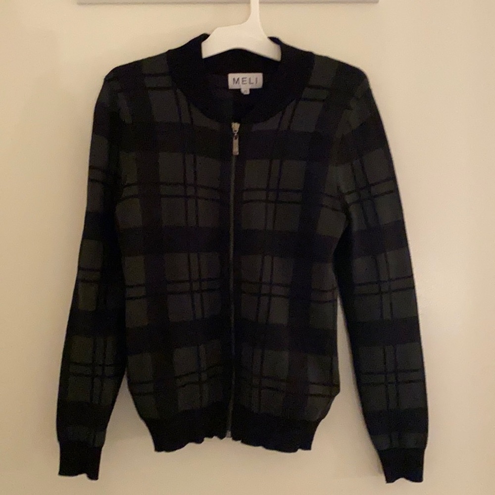 Green and black plaid bomber sweater